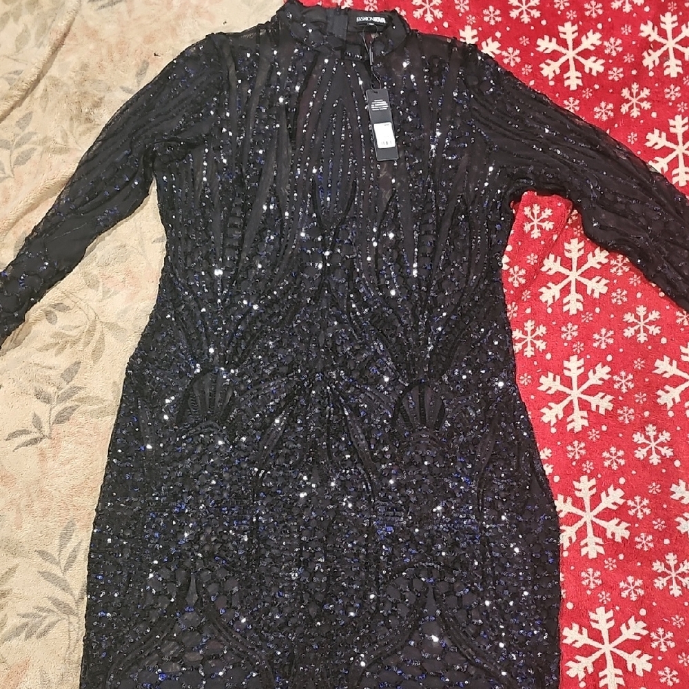 Fashion Nova Midnight Sparkle Long Sleeve Dress